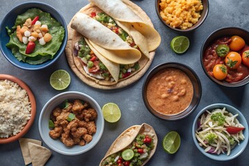 A vibrant array of plant-based Mexican-inspired dishes, a colorful fiesta of flavors and textures on a slate background with warm lighting.