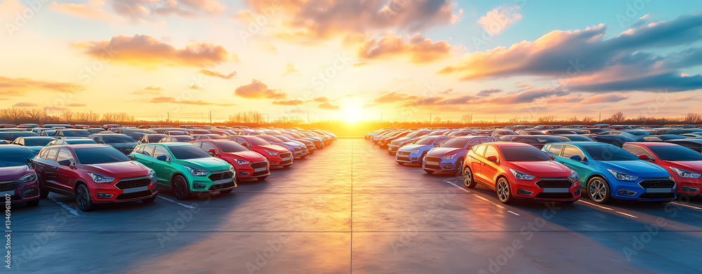Poster fleet of vehicles: a colorful array of cars, parked in precise rows, bask in the warm glow of a radi