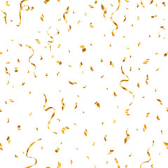 Beautiful celebration party seamless pattern with golden falling confetti on transparent background.