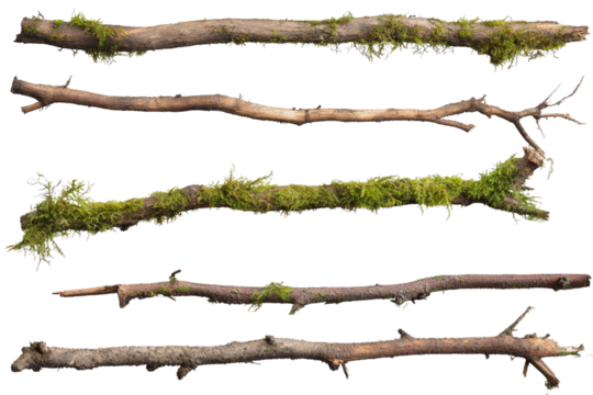 Collection of tree branches featuring vibrant moss, suitable for diverse artistic and design applications. Perfect for nature-themed decorations or creative projects in various settings