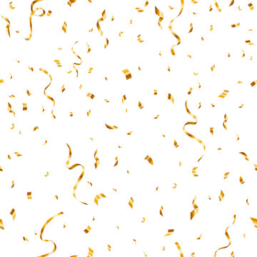 Beautiful celebration party seamless pattern with golden falling confetti on transparent background.