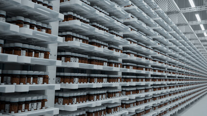 Shelves Stocked With Medicine Bottles in a Pharmaceutical Storage Facility