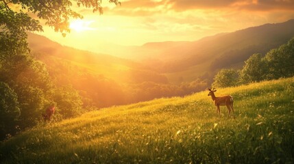 Deer grazing in a sunset valley.