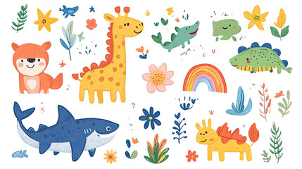 Obraz premium PNG cute animal illustration with giraffe, bear, shark, and rainbow, colorful hand drawn playful elements for children's designs