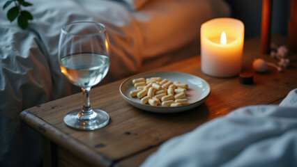 A cozy nighttime setting with a plate of magnesium glycinate, wine, and a candle on a bedside table.