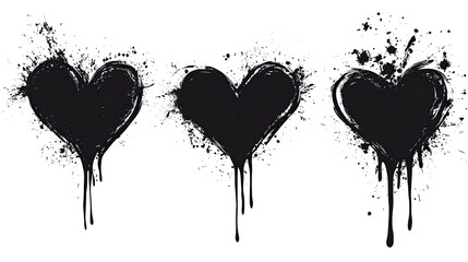 Grunge black heart PNG set with ink splatter and dripping paint, hand drawn artistic elements for edgy and expressive designs
