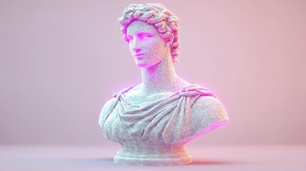 Conceptual 3D render of a classic sculpture avatar with glowing purple low-poly lines, showcasing AI and machine learning in a Web 3.0 Metaverse setting , Minimalism Clean and clear background color,