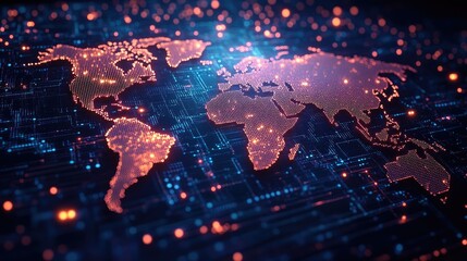 Global network connection, digital world map, circuit board background, data visualization
