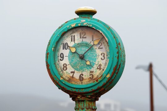 A rusted green clock with the hands at 3:00 and 9:00
