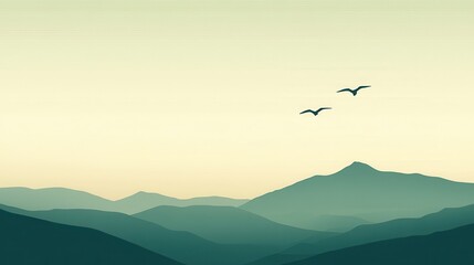 Fototapeta premium Mountain range silhouette with birds flying, and serene landscape.