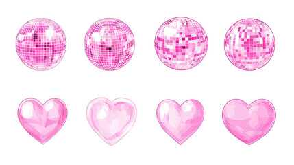 Fototapeta premium PNG pink disco balls and glossy hearts set, vibrant hand drawn decorative elements for party, love, and celebration designs