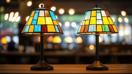 Vintage items in a secondhand market Concept, Colorful Retro Table Lamps with Stained Glass Shades Perfect for Home Decor and Ambient Lighting