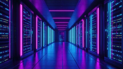 Fototapeta premium A futuristic data center with neon lighting and glowing servers creates a high-tech ambiance, ideal for cybersecurity, cloud computing, and digital infrastructure themes