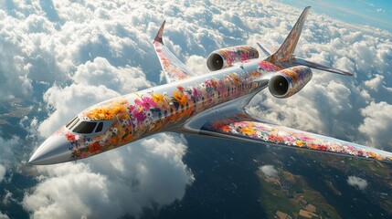 Naklejka premium A sleek modern plane adorned with a colorful array of wildflowers, gliding effortlessly in the sky 