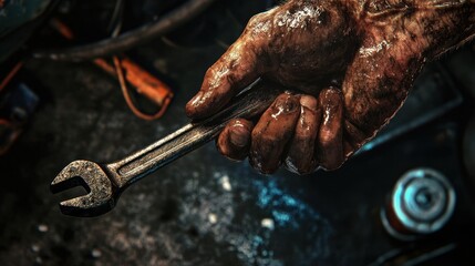 A mechanic's oily hand gripping a wrench.