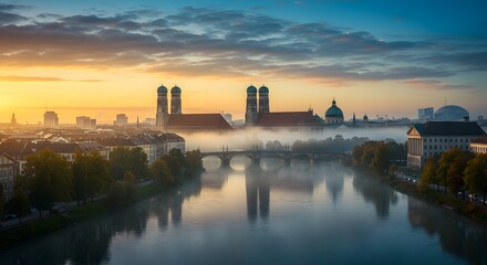 Naklejka premium Munich Cityscape at Sunrise with Church Towers and River Reflection