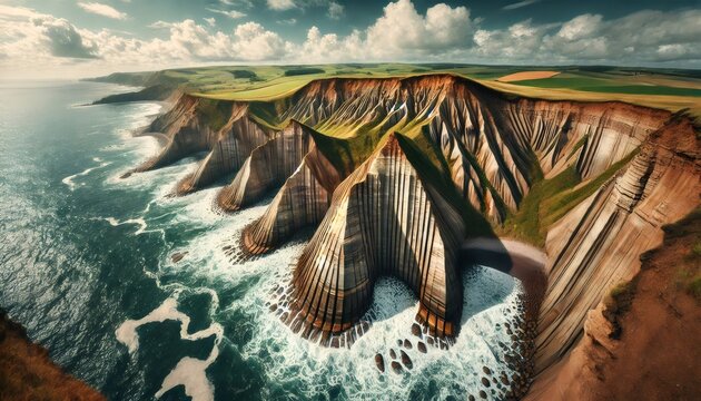 Breathtaking cliffs of cape stolbchaty on kunashir island meeting the ocean waves at sunset