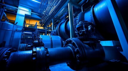 Industrial Facility Pipes, Machinery, Blue Lighting, Energy