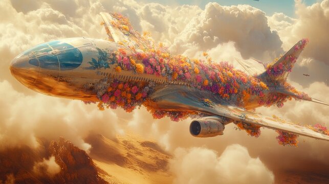 A surreal dreamlike plane with flowers blooming along its wings, soaring above a golden desert landscape
