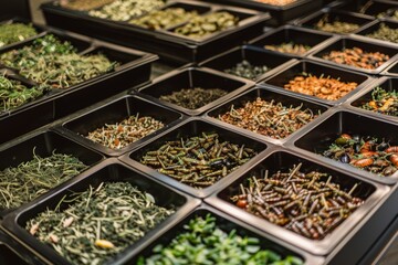 Edible insects in trays at vibrant food market bug based delicacies