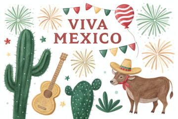 Fototapeta premium Set of stickers for Mexican holiday with cactus, sombrero and fireworks. Viva Mexico postcard on white background.