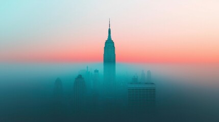 Fototapeta premium Surrealist Manhattan skyline, distorted with abstract strips and set against a pink sky, creating a unique and imaginative version of the iconic city , Minimalism Clean and clear background color,