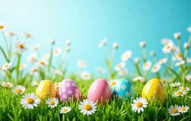 Fototapeta premium Four Decorated Easter Eggs in Grass and Daisies