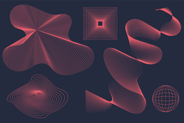 Vector design. Swirling curves, undulating surfaces, and structured grids in deep red tones on dark background, evoking fluidity and movement. Science. Modern aesthetics, minimalist art.