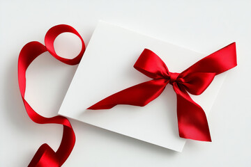 blank white gift tag with red ribbon isolated on white background