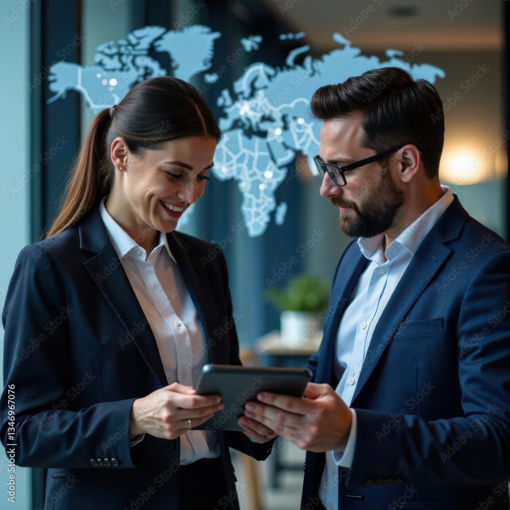 Poster two business professionals are engaged in a discussion while reviewing information on a tablet. a wo