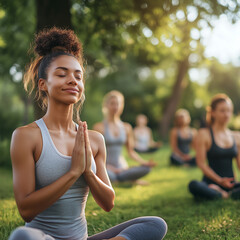 fitness trainer is leading a group of people