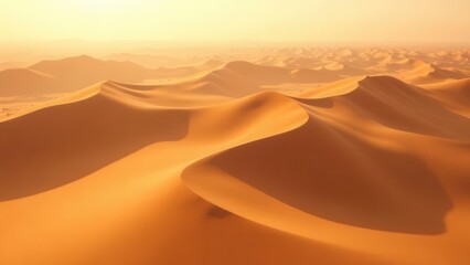 Sunset casts a warm glow over expansive golden sand dunes creating shadows and highlights across the gentle flowing shapes of the desert landscape. The vastness is tranquil and serene.