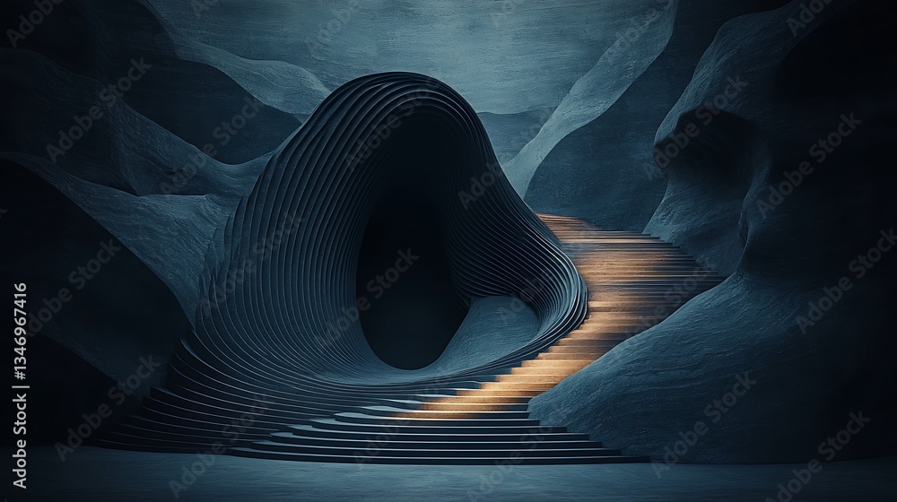 Poster dark, futuristic cave-like structure with glowing pathway