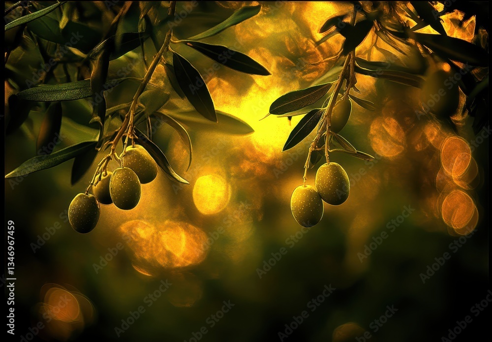 Poster elegant green olives hanging from olive tree branches with soft golden background and dreamy bokeh e