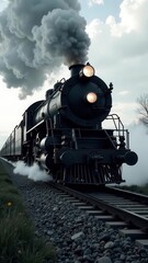 Fototapeta premium Zabytkowy parowóz mknie szybko po torach kolejowych, wypuszczając w zachodzące niebo gęste kłęby dymu. Pociąg przetacza się przez otwarte pole, tworząc malowniczą scenerię.