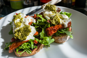 Gourmet Open Faced Sourdough with Burrata, Rocket and Pesto