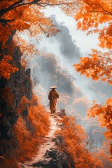 Fototapeta premium Monk walks path through colorful autumn landscape.