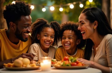 A joyful family gathers at a table outdoors sharing a meal. Two children laugh heartily while an adult couple smiles. Soft glowing lights add warmth to the evening atmosphere.