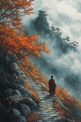 Fototapeta premium Monk ascends misty mountain path temple above.