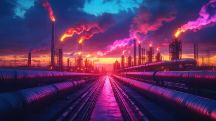 Colorful industrial complex at sunset, with smoke stacks and pipelines