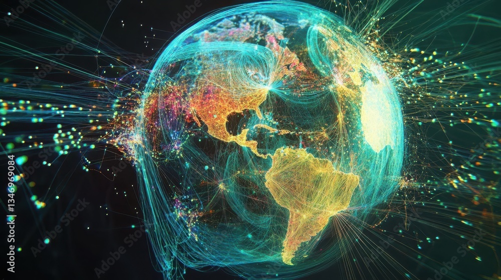 Poster global network connections visualization illuminating worldwide interconnectivity and data flow