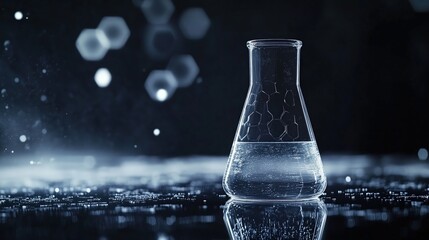 Clear liquid in a glass flask sitting on a reflective surface, with molecular structure graphic, against a black background and bokeh effect.