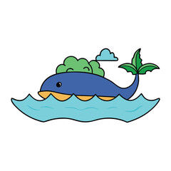 A whimsical island perched on a giant whale’s back, with lush trees and sparkling waters, creating a serene, magical landscape on the ocean’s vast expanse.