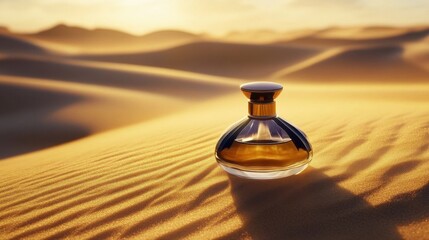 Perfume bottle on golden sand.