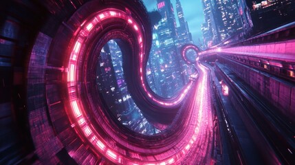 Futuristic Neon Tunnel Through Cityscape at Night