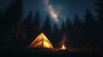 Glowing Tent in Forest Under Starry Sky