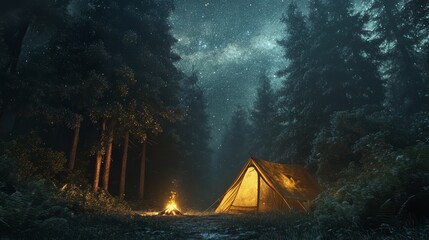 Glowing Tent in Forest Under Starry Sky