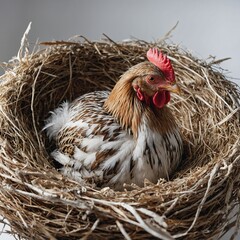 A beautifully feathered hen sitting in a nest, white background.