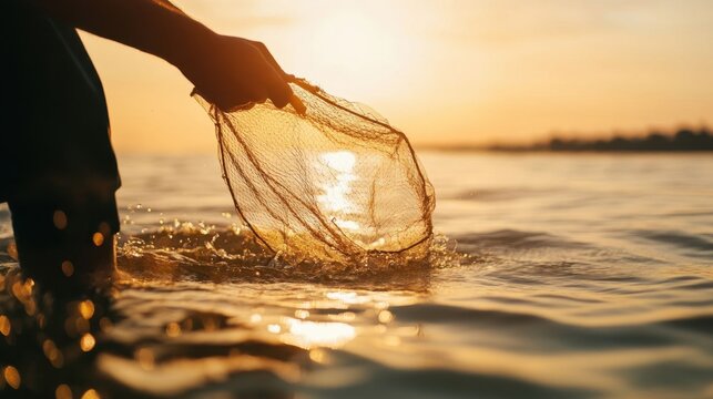 Fisherman casting net at dawn.