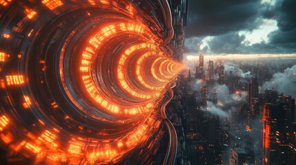 Futuristic tunnel portal over city at sunset